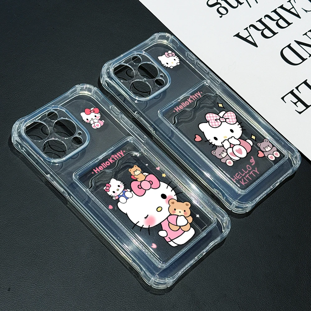 Funda con tarjetero de gato de dibujos animados Hellos Kittys para vivo Y17s Y02s Y35 Y02 Y21 Y15s Y15a Y21a Y20 Y91C Y91 4G 5G cubierta transparente anticaída