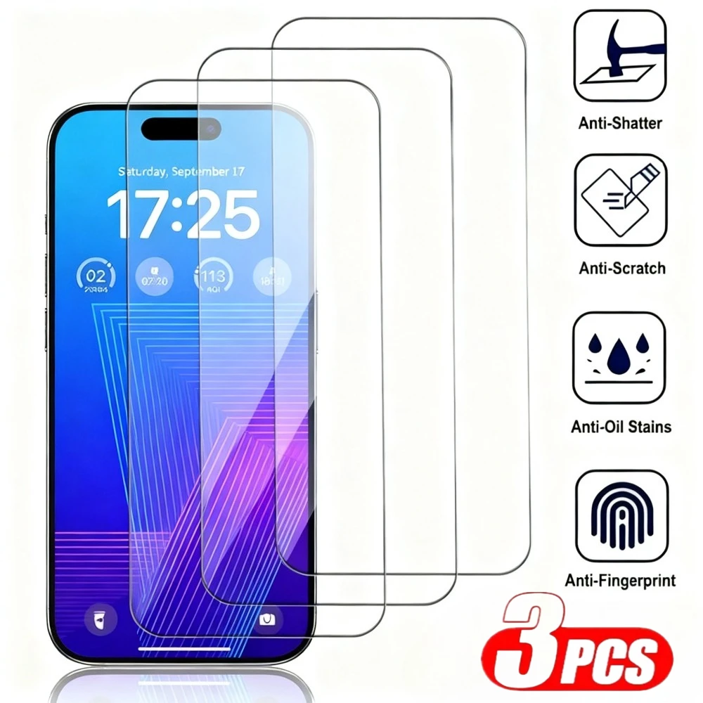 3 piezas de vidrio templado ultra transparente para iPhone 17 16 15 Pro Max Air 16 15 Plus Protector de pantalla para iPhone 14 13 12 11 Pro XR XS Max