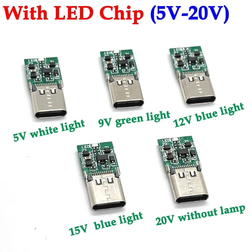 Conector de gatillo CC 5V 9V12V 15V 20VTYPE C USB 24 pines Jack hembra adaptador de conector de soldadura con luces LED y Chips