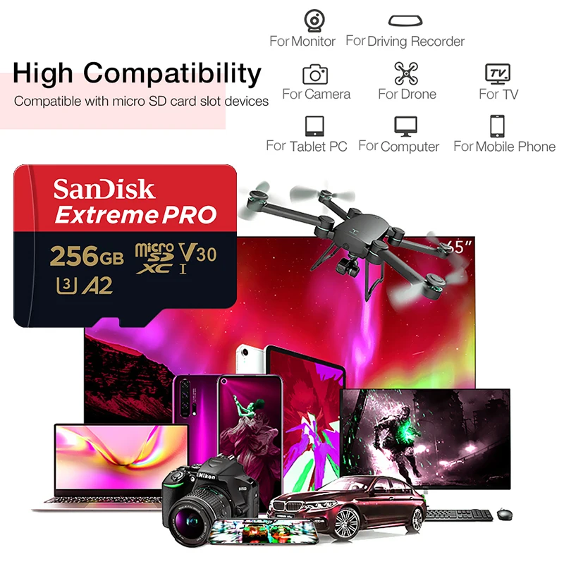 SanDisk-tarjeta Micro SD Extreme Pro Flash de 128GB, SDXC UHS-I, 400GB, 256GB, 64GB, U3 V30, adaptador de tarjeta de memoria TF para cámara DJI - imagen 3
