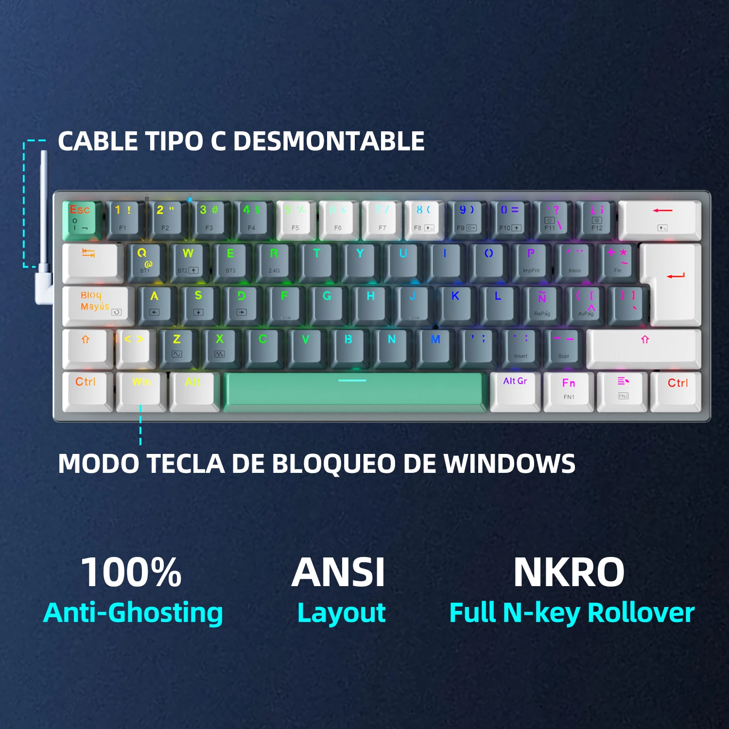 Teclado Mecánico Gamer MACHENIKE K500 60% Tri-Modal Inalámbrico Hot-Swap, Layout Latinoamericano para PC - imagen 5