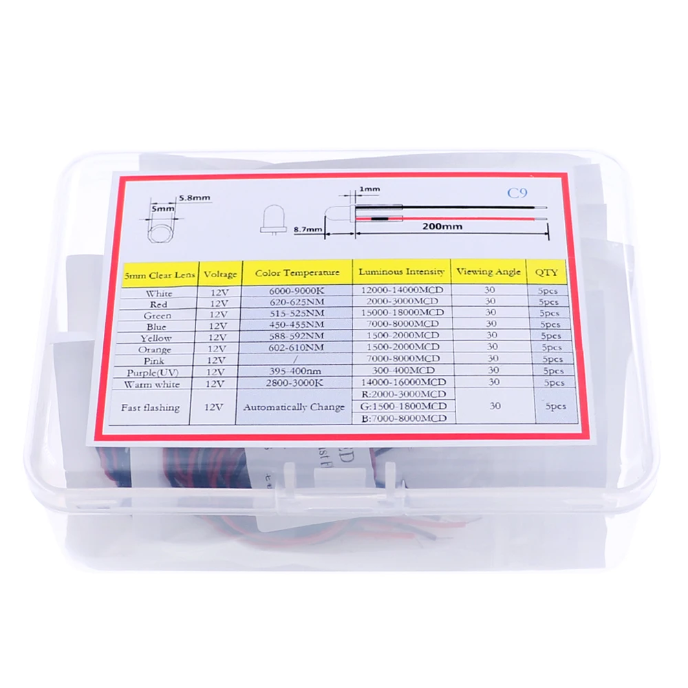 50 Uds 10 colores 12V 5mm parpadeante precableado caja de diodo LED kit blanco cálido rojo verde azul amarillo RGB Flash rápido naranja púrpura UV rosa - imagen 3