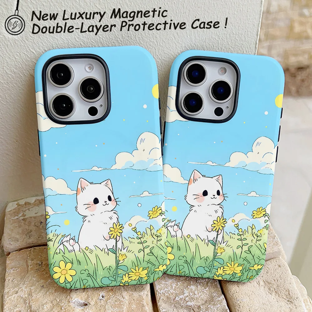 Funda de teléfono con bonitos dibujos de gatos y flores para iPhone 16, 15, 14, 13, 12, 11 Pro Max Plus, funda trasera magnética de lujo de doble capa - imagen 5