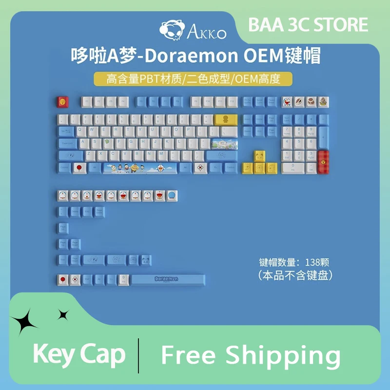 AKKO Doraemon Key Cap Macaron PBT con cable Teclado mecánico personalizado de tres modos 138 teclas RGB Teclado robótico para juegos de gatos de intercambio en caliente