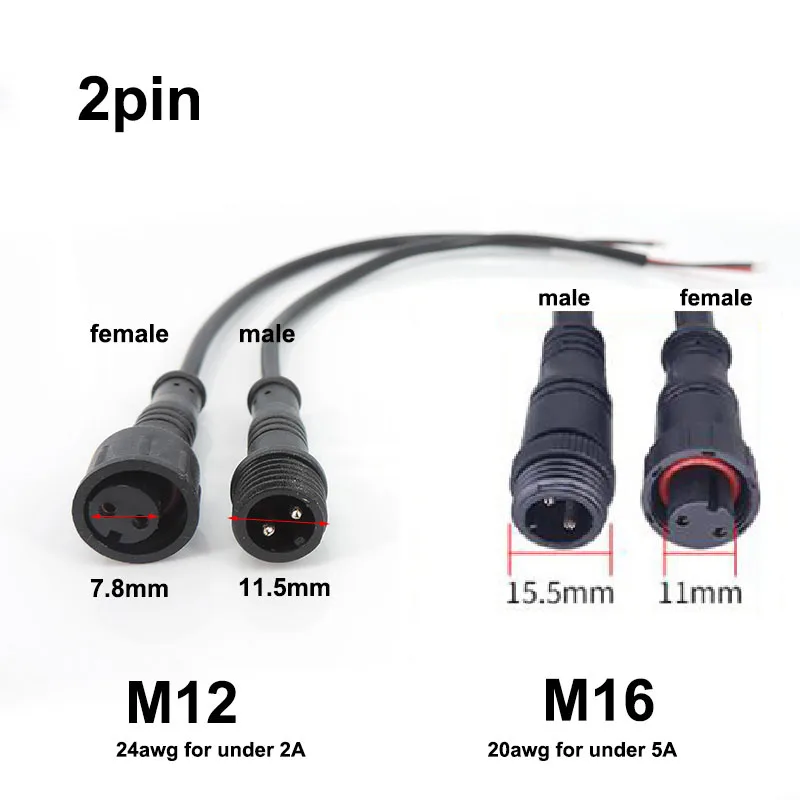 M12 M16 2 Cable de núcleo de 3 pines DC macho hembra Jack tuerca IP65 Cable impermeable conector de fuente de alimentación enchufe para tira de LED al aire libre - imagen 2