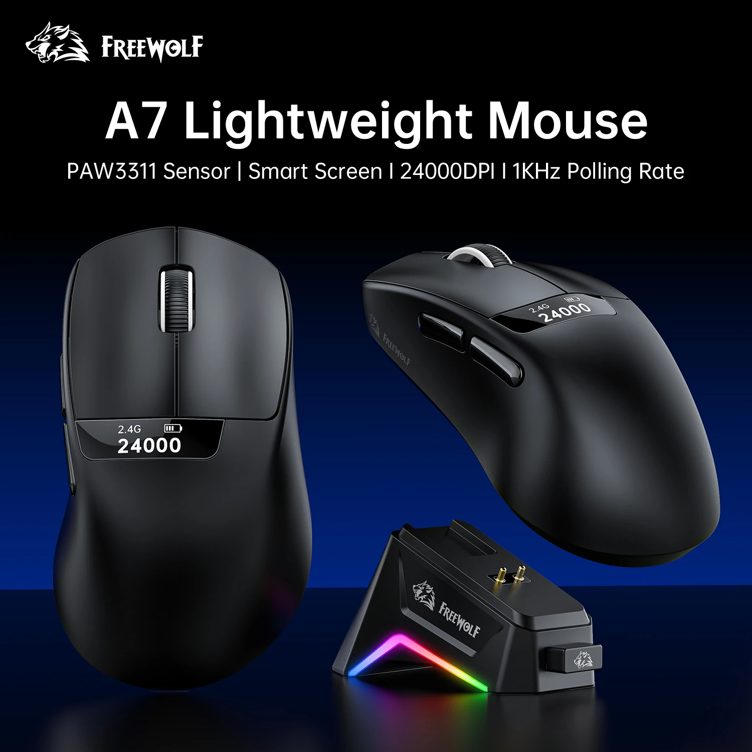 Ratón para juegos PAW3311 inalámbrico 1000Hz con pantalla, ratón para juegos con base de carga magnética FREEWOLF A7 24000DPI RGB para PC y portátiles