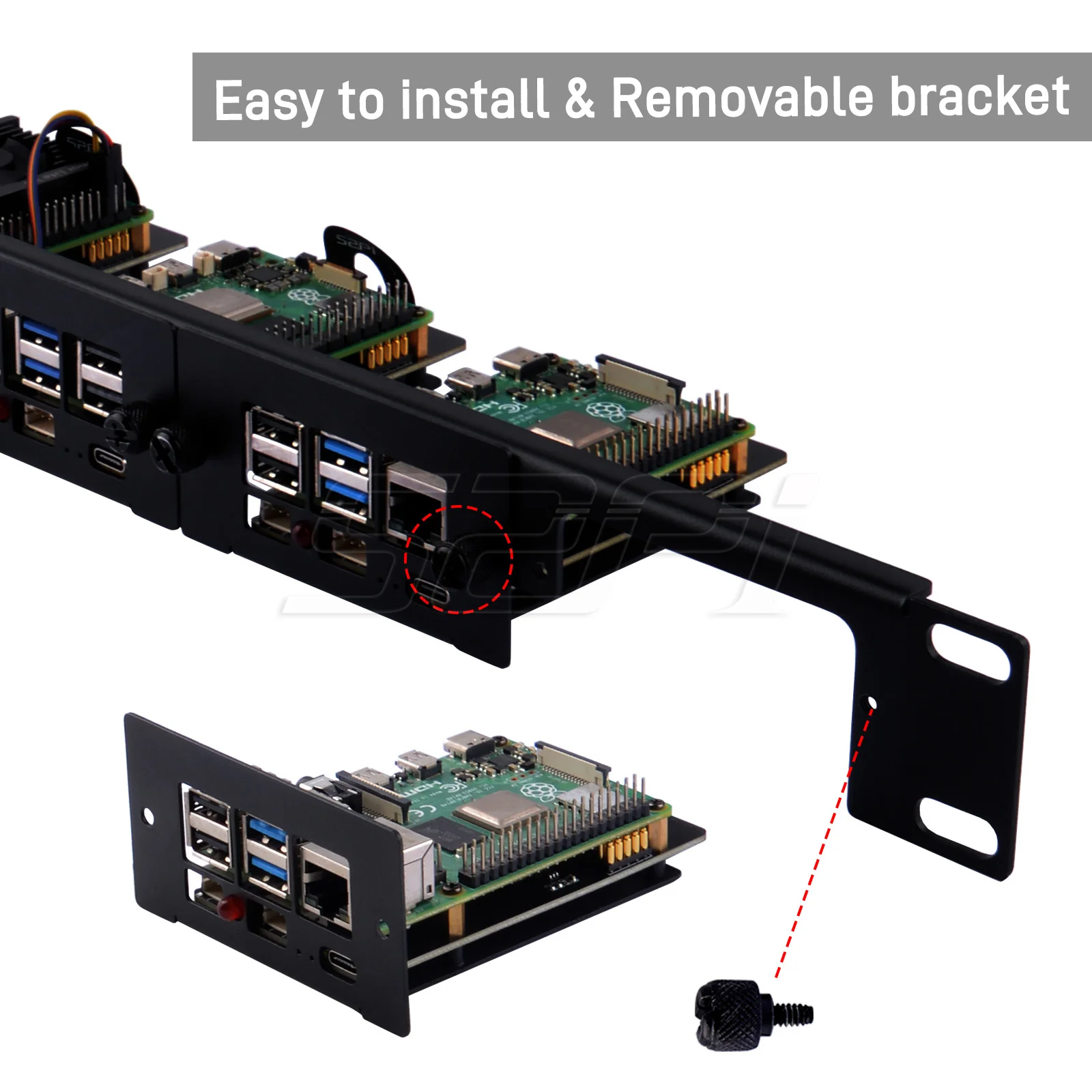 Kit de soporte de acero para montaje en rack 52Pi 1U para Raspberry Pi 5 19 pulgadas 4 ranuras M.2 NVMe SSD 2230/2242/2260/2280 - imagen 5