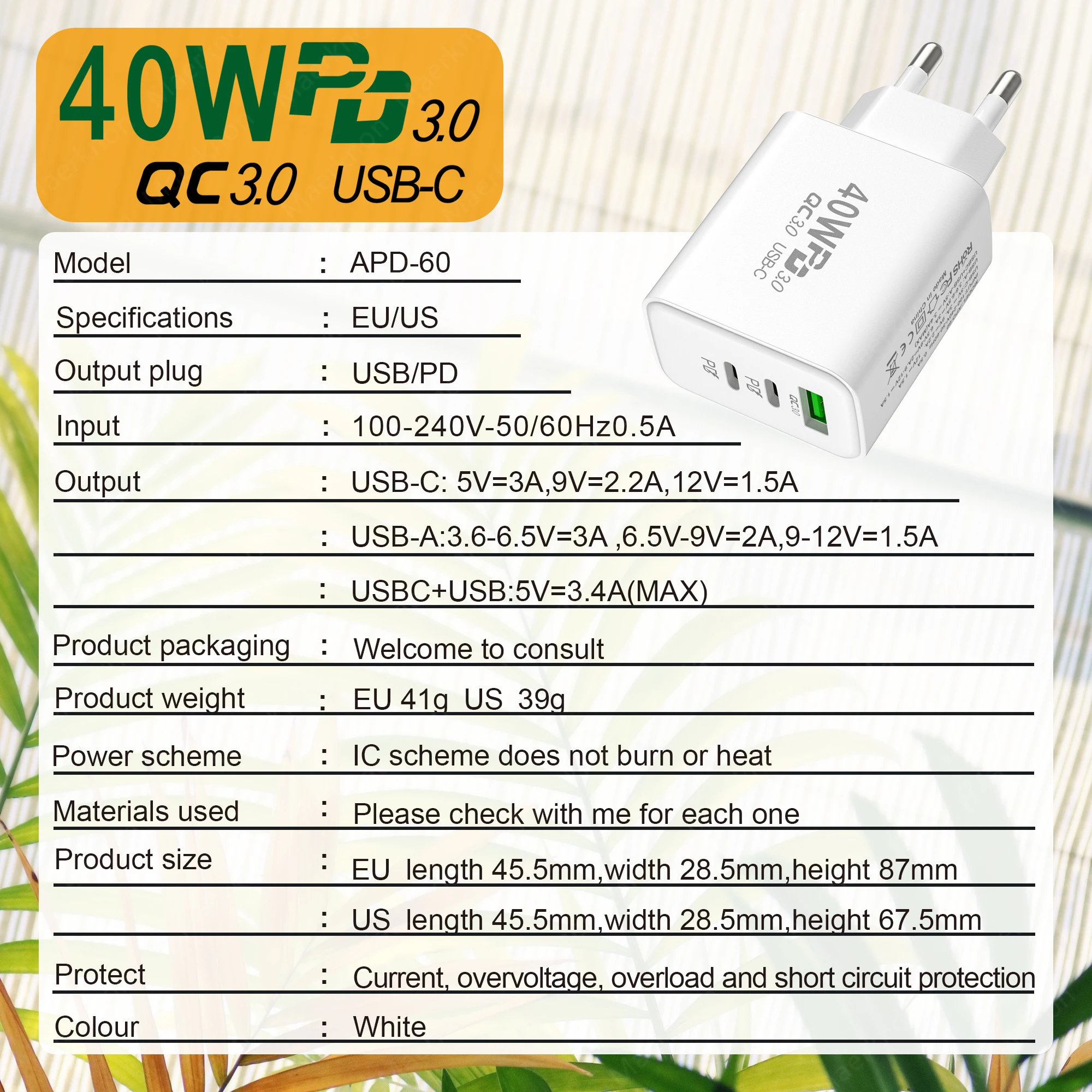 Cargador USB PD de 60W, adaptador de cargador de teléfono de carga rápida tipo C de 3 puertos para iPhone, Xiaomi, Samsung, Huawei, cargador de pared con enchufe UE/EE. UU. - imagen 5