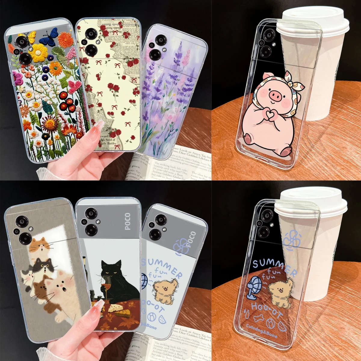 Para POCO M5 M5S Funda de teléfono con patrones de flores encantadoras suave delgada TPU transparente Funda ligera de silicona para Poco M 5 Funda Shell