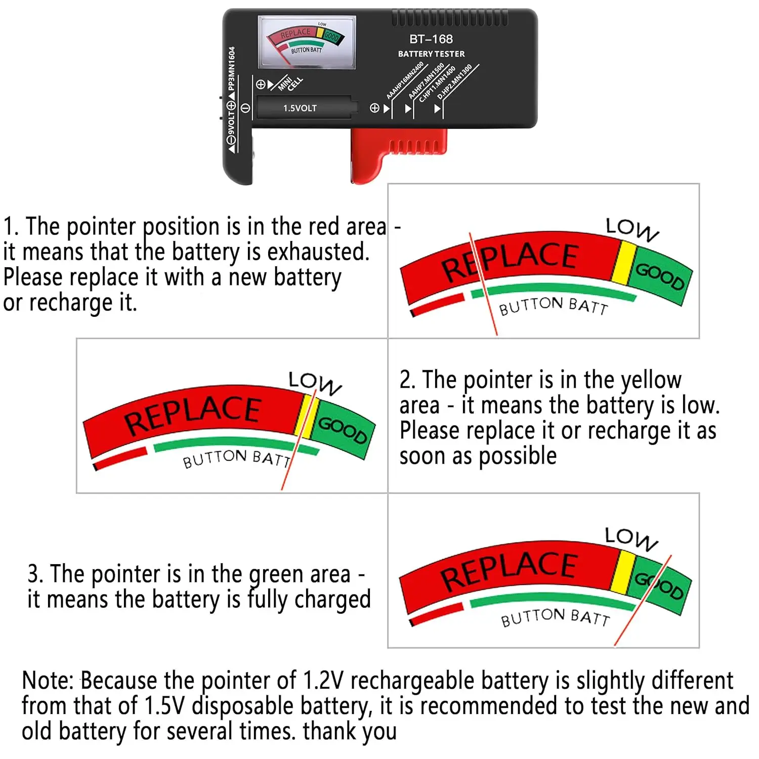 Probador de batería de BT-168, probador de batería Universal, probador de batería pequeña para batería doméstica, adecuado para AAA AA C D 9V 1,5 2 uds. - imagen 5