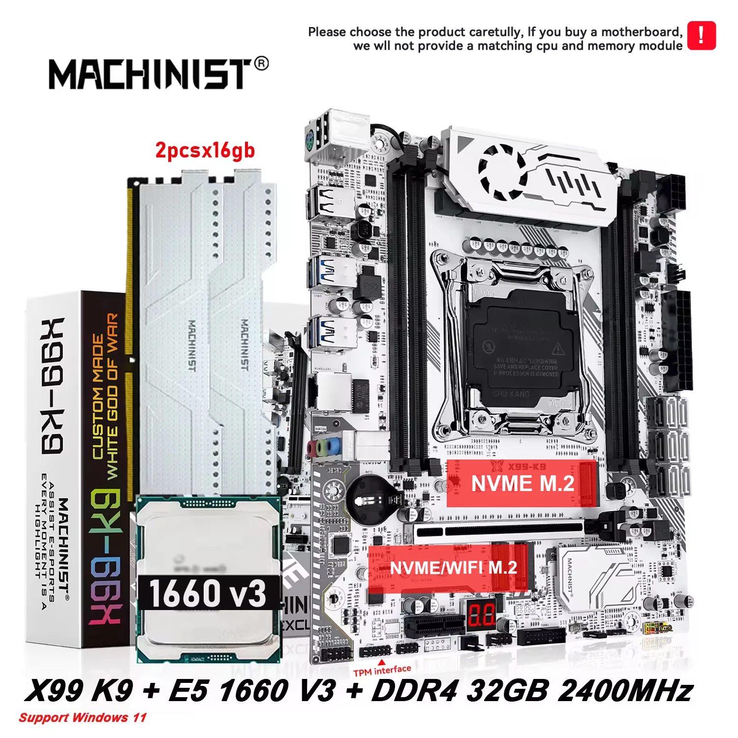 Kit de Placa Base MACHINIST X99 k9, LGA 2011-3, CPU Xeon E5 1660 V3, 32 GB (2 x 16 GB) de Memoria DDR4 ECC, NVMe M.2, M-ATX, Compatible con TPM2.0