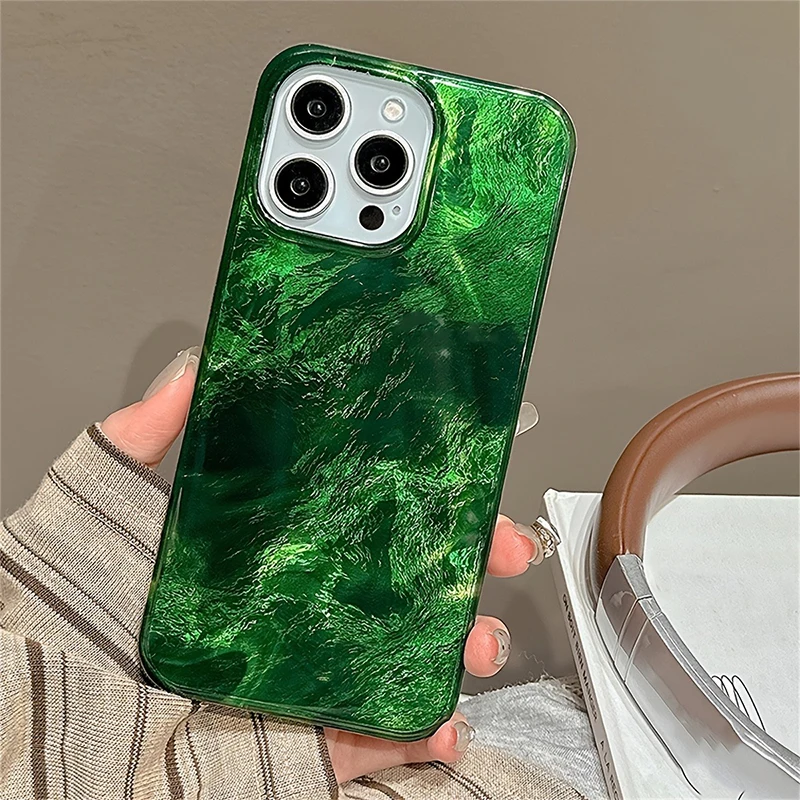Bonita funda de teléfono verde con láser degradado para iPhone 16 15 14 13 12 11 Mini Pro Max X XR XSMax 7 8 Plus, funda suave con patrón de glaciar
