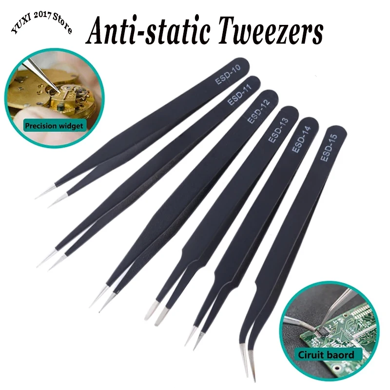 Pinzas antiestáticas de acero inoxidable ESD, herramienta de mantenimiento, juego de herramientas de reparación de pinzas rectas y curvadas de precisión Industrial