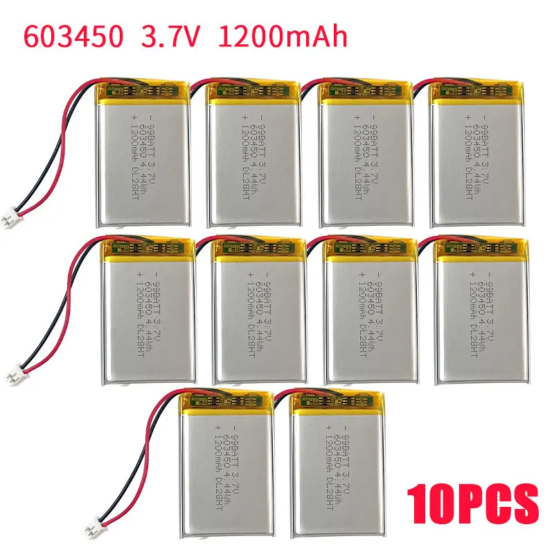10 piezas 603450 063450   Baterías recargables del polímero de litio de la batería de 1200mAh 3.7V 653450   para cerradura de huella digital con control remoto