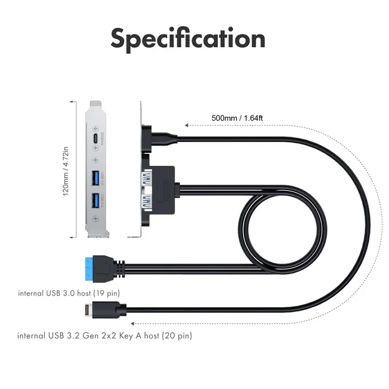 RGEEK 20Gbps USB3.2 USB-C 2x USB-A Cable adaptador de 5Gbps con cubierta de soporte PCI de altura completa, tipo E a USB-C, USB de 19 pines a 2 USB-A - imagen 2
