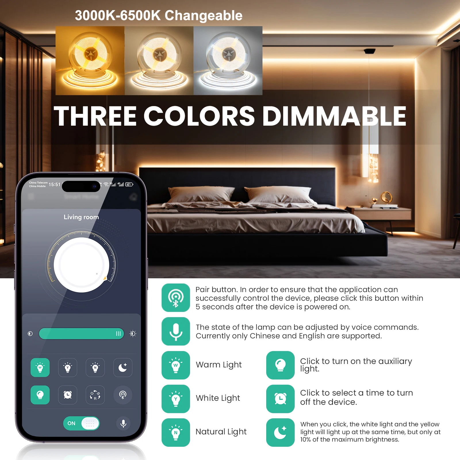 Fuente de alimentación de atenuación Bluetooth DC24V CCT, Kit de luces de tira LED COB regulables, 576leds/m, Control por aplicación RA90, cinta Flexible, decoración de habitación - imagen 2