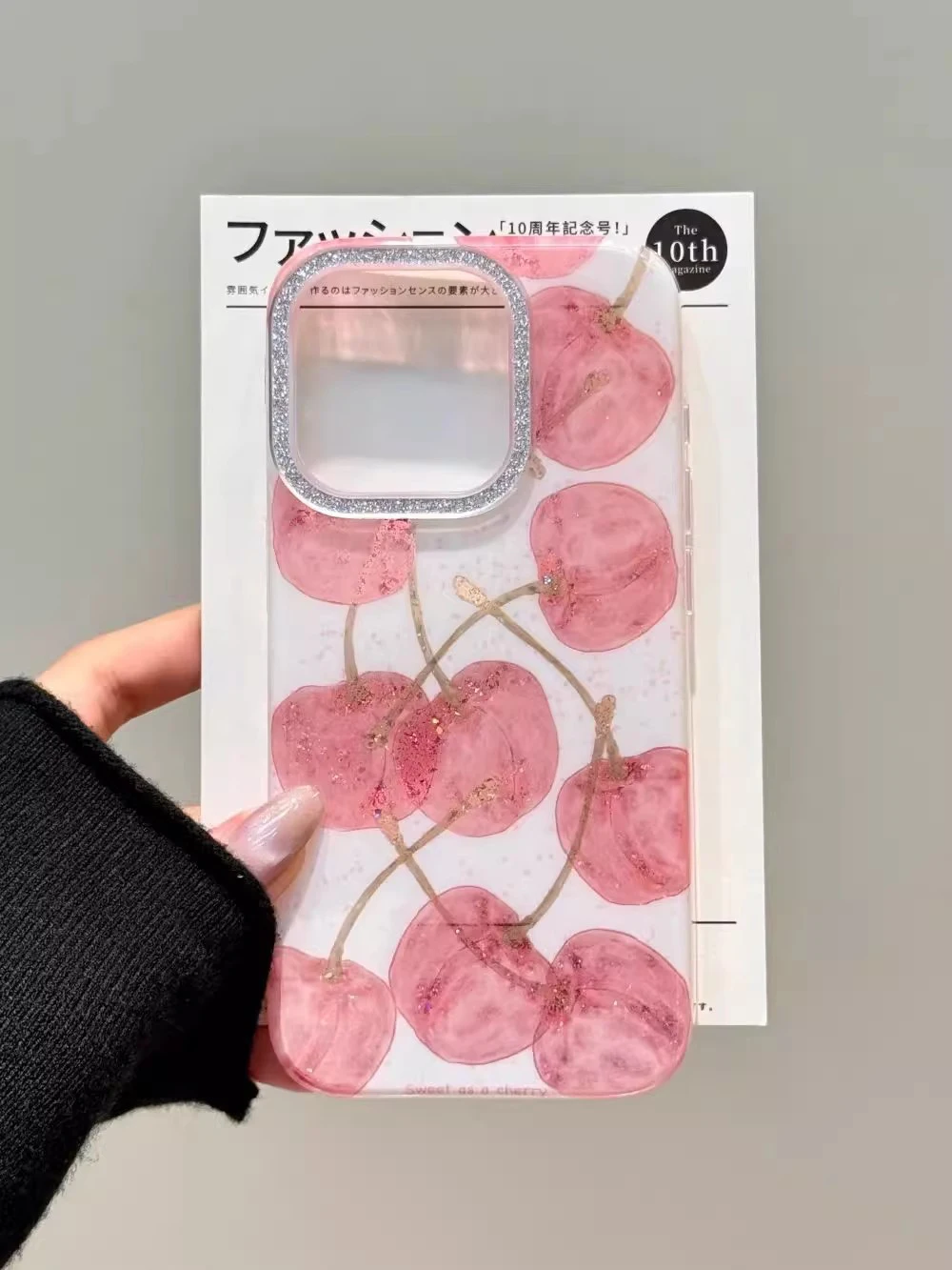 Funda de teléfono INS con bonito diseño de cereza y purpurina para Iphone 15 16 14 13 Pro Max 16 Pro, funda trasera encantadora con diamantes, funda para mujer y niña - imagen 3