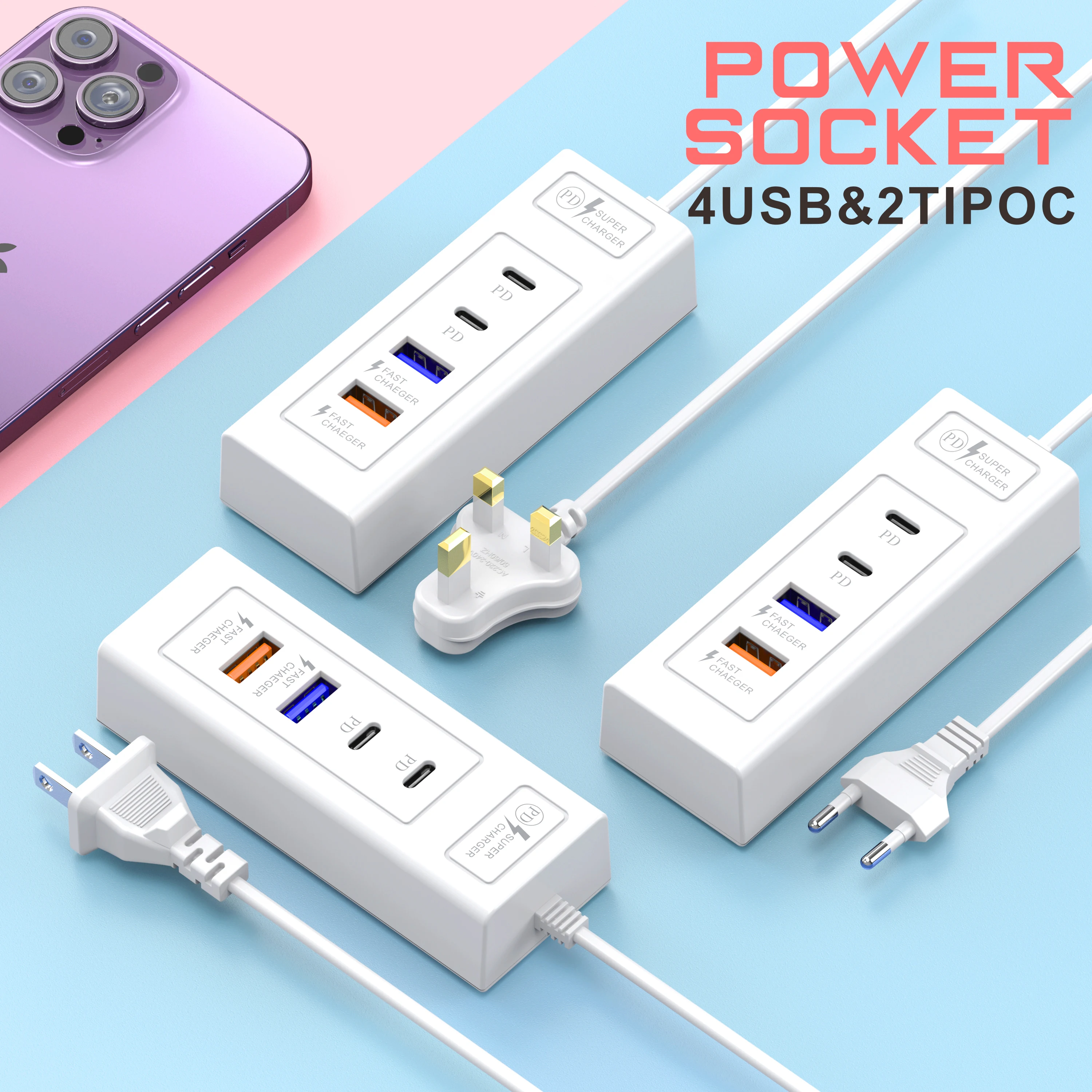 Estación de carga USB extensor de puertos múltiples USB tipo C extensión de carga rápida para iPhone Samsung Xiaomi adaptador de pared toma de corriente - imagen 3