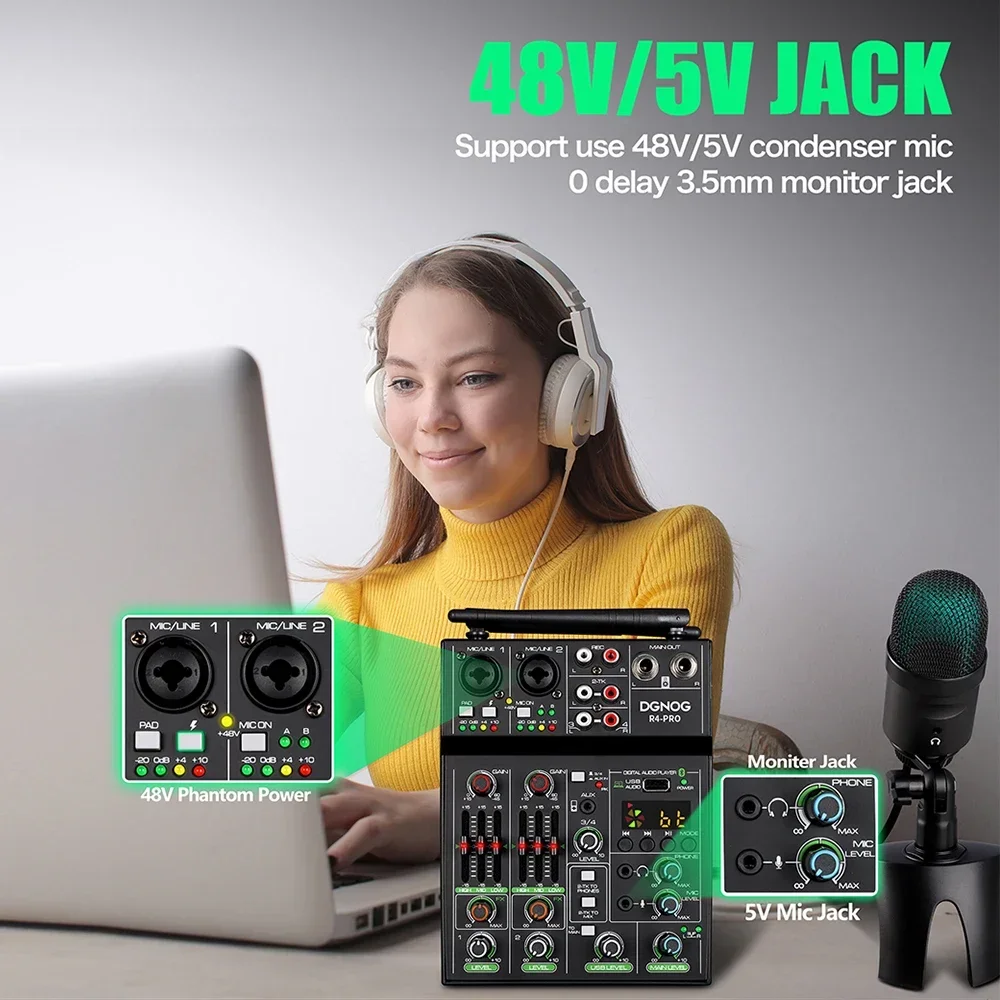 Mezclador de Audio de 4 canales con micrófono inalámbrico Dual, mezcladores de sonido USB, consola de mezcla de DJ para casa, Karaoke, fiesta, iglesia, estudio - imagen 4