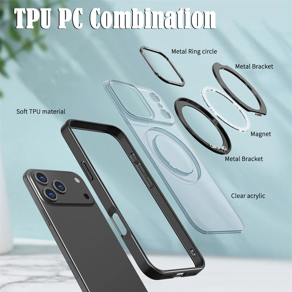 Funda de teléfono con soporte plegable y anillo magnético giratorio de lujo para iPhone 17 Air 15 16 Pro Max 14 13 12 11, Protector de lente, cubierta acrílica transparente - imagen 4