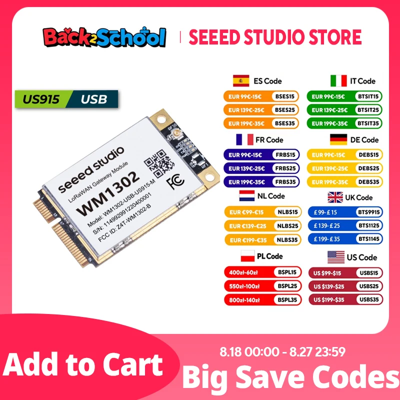 Módulo de puerta de enlace LoRaWAN Seeed Studio WM1302: USB, US915MHz, SX1262 excluido