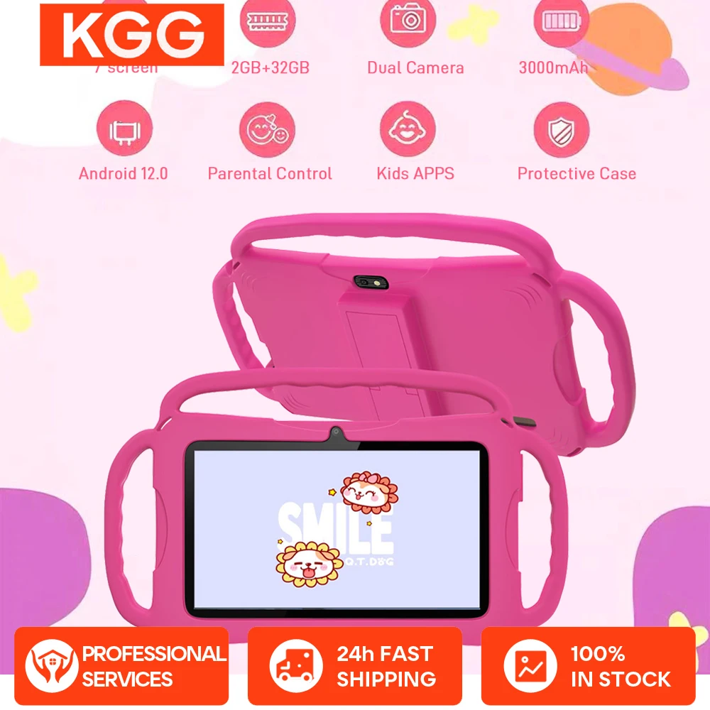 Tableta para niños de 7 pulgadas, los mejores regalos para niños, tabletas Android Quad Core de 2GB + 32GB de ROM, funda protectora portátil a prueba de niños con dibujos animados