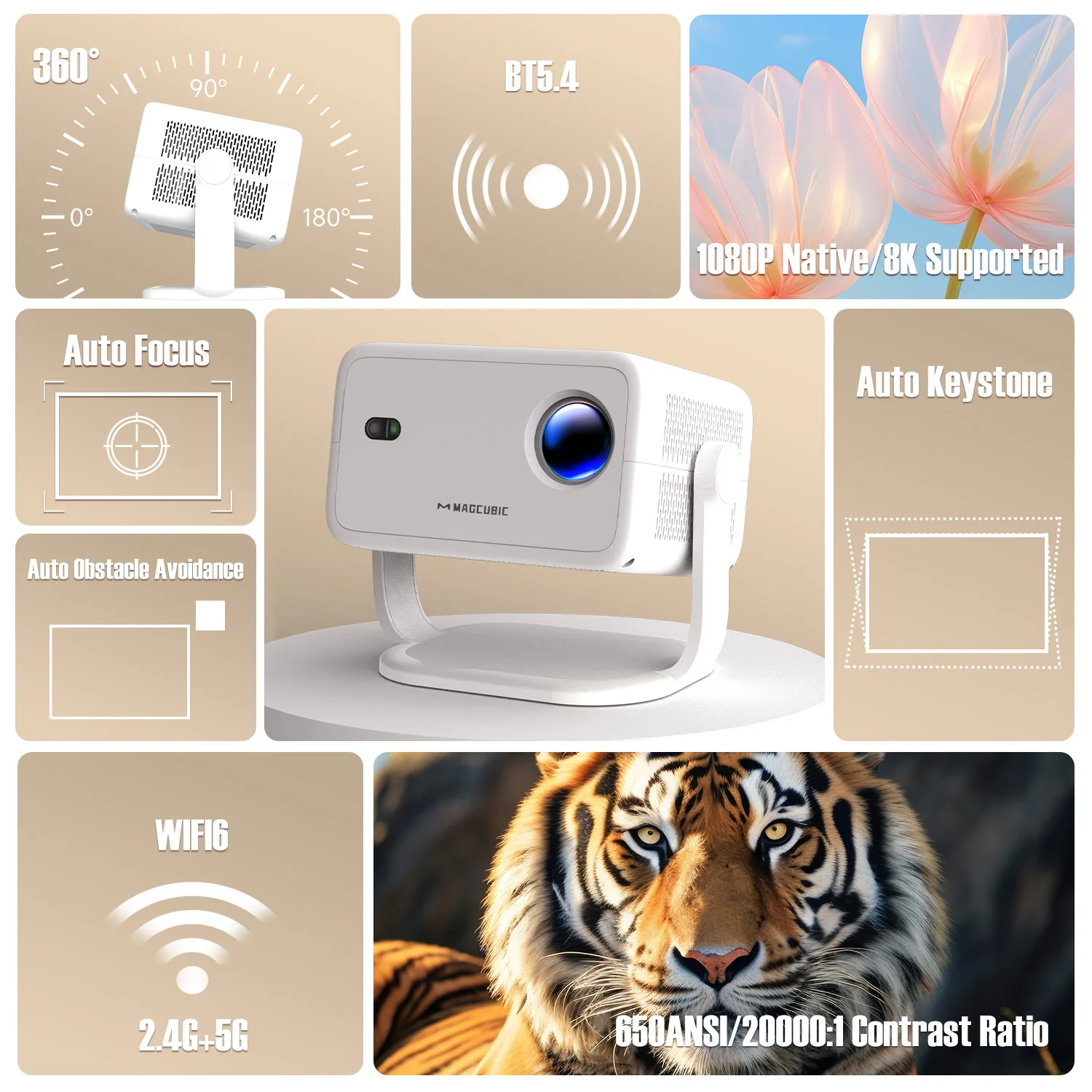 Magcubic 650ANSI L018 8K Proyector portátil nativo 1080P Enfoque automático Corrección kefónica Android 14 BT5.4 WIFI6 360 ° Cine en casa - imagen 3