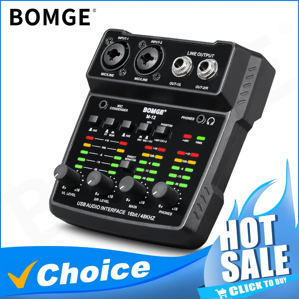 M-12 Interfaz de Audio USB de 2 canales para interfaz de Audio de PC XLR con interfaz de micrófono Tarjeta de sonido USB para estudio de grabación Plug & Play