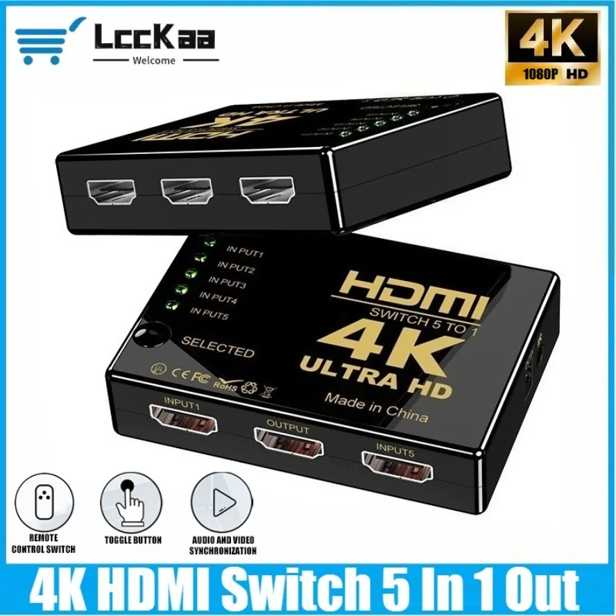 Conmutador HDMI 4K 5 en 1 salida, Selector de interruptores HDMI, Hub con mando a distancia IR, conmutador HDMI para PS4, Xbox, DVD, PC, HDTV