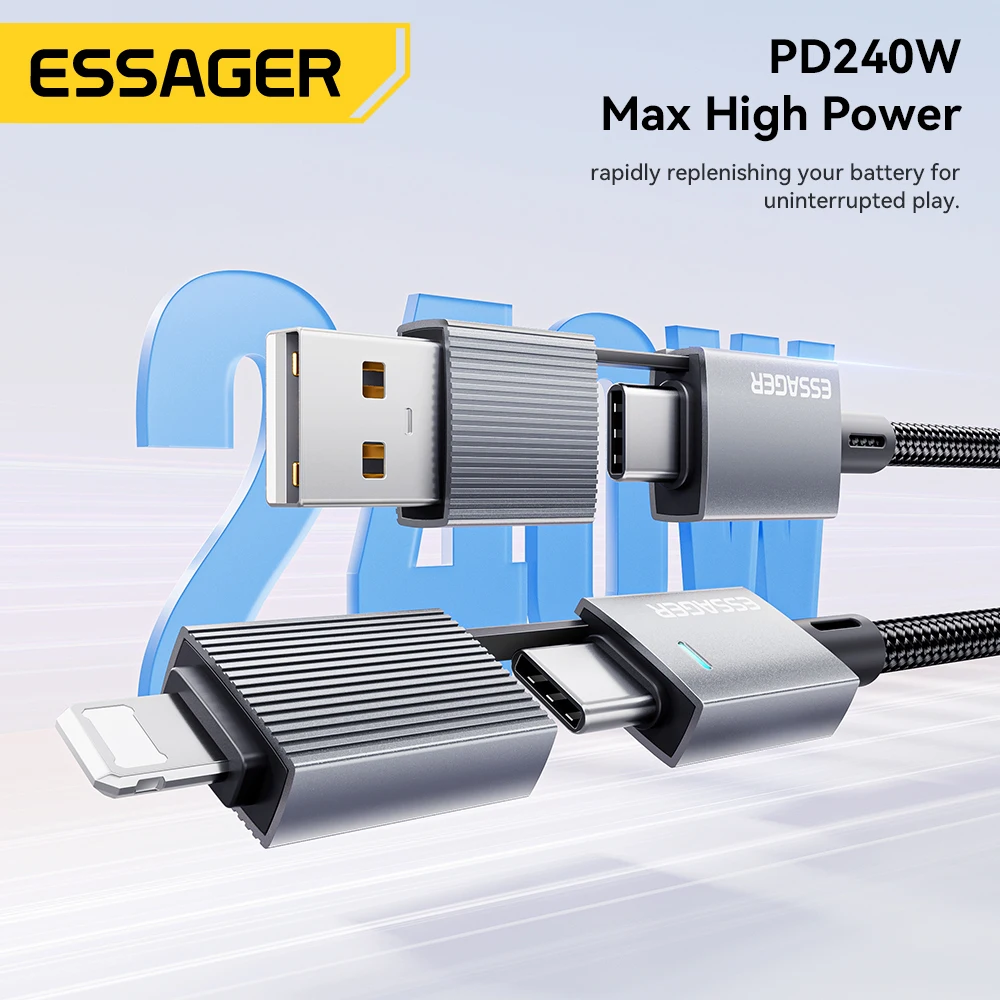 Essager Cable de carga rápida 4 en 1 de 240W para iPhone17 16 15 Pro Max Macbook iPad Xiaomi Samsung Macbook Cable USB tipo C a USB C - imagen 3