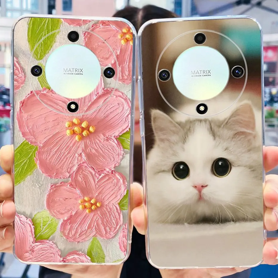 Funda de teléfono con patrón de gato y flores para Honor X9b 2023, funda trasera de TPU de silicona suave para Honor X9b X 9B 5G