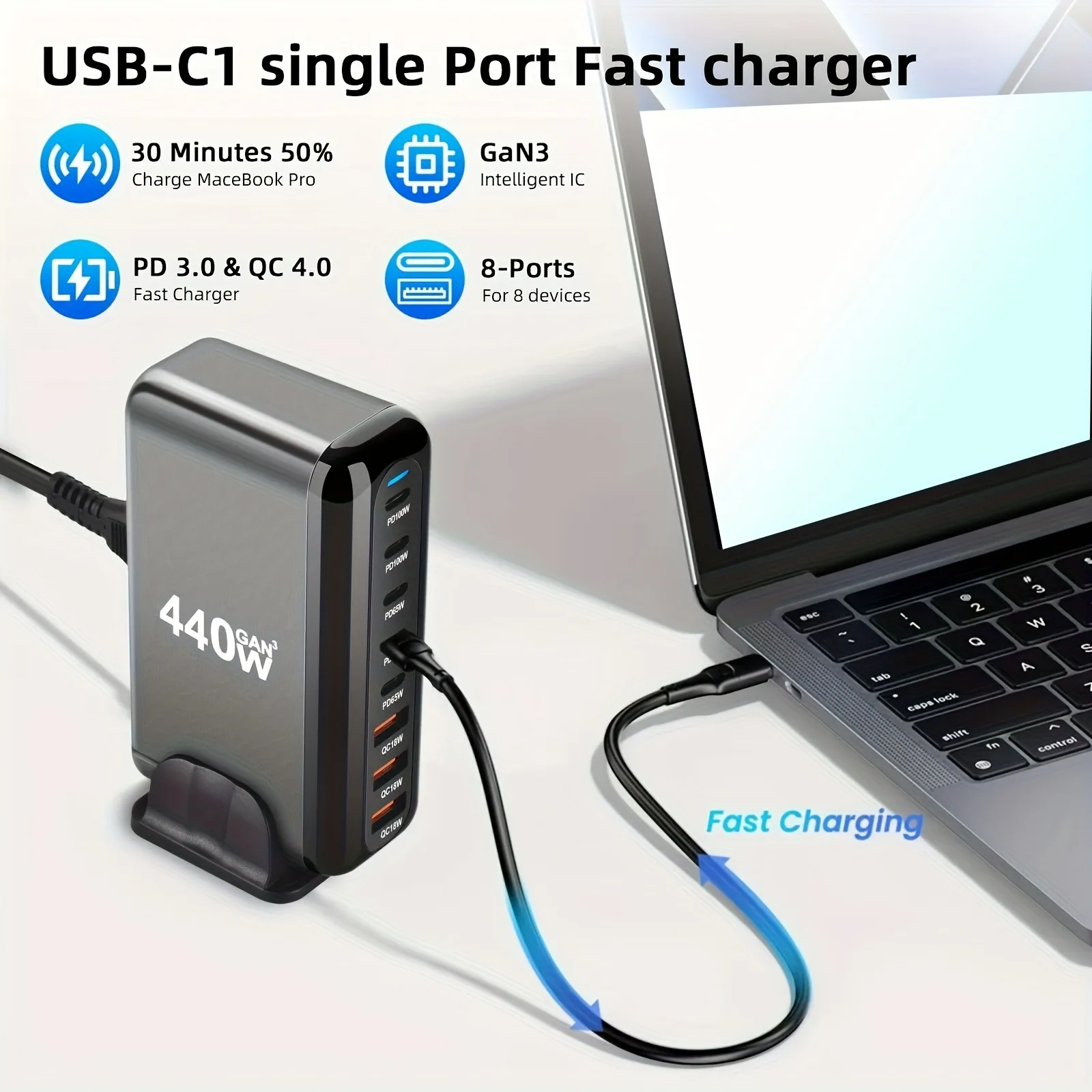 Estación de carga USB C de 440W, bloque de carga rápida de alta potencia de 8 puertos para teléfonos móviles, cargador rápido 3A5C para ordenador portátil/iPad/iPhone/Samsung - imagen 3