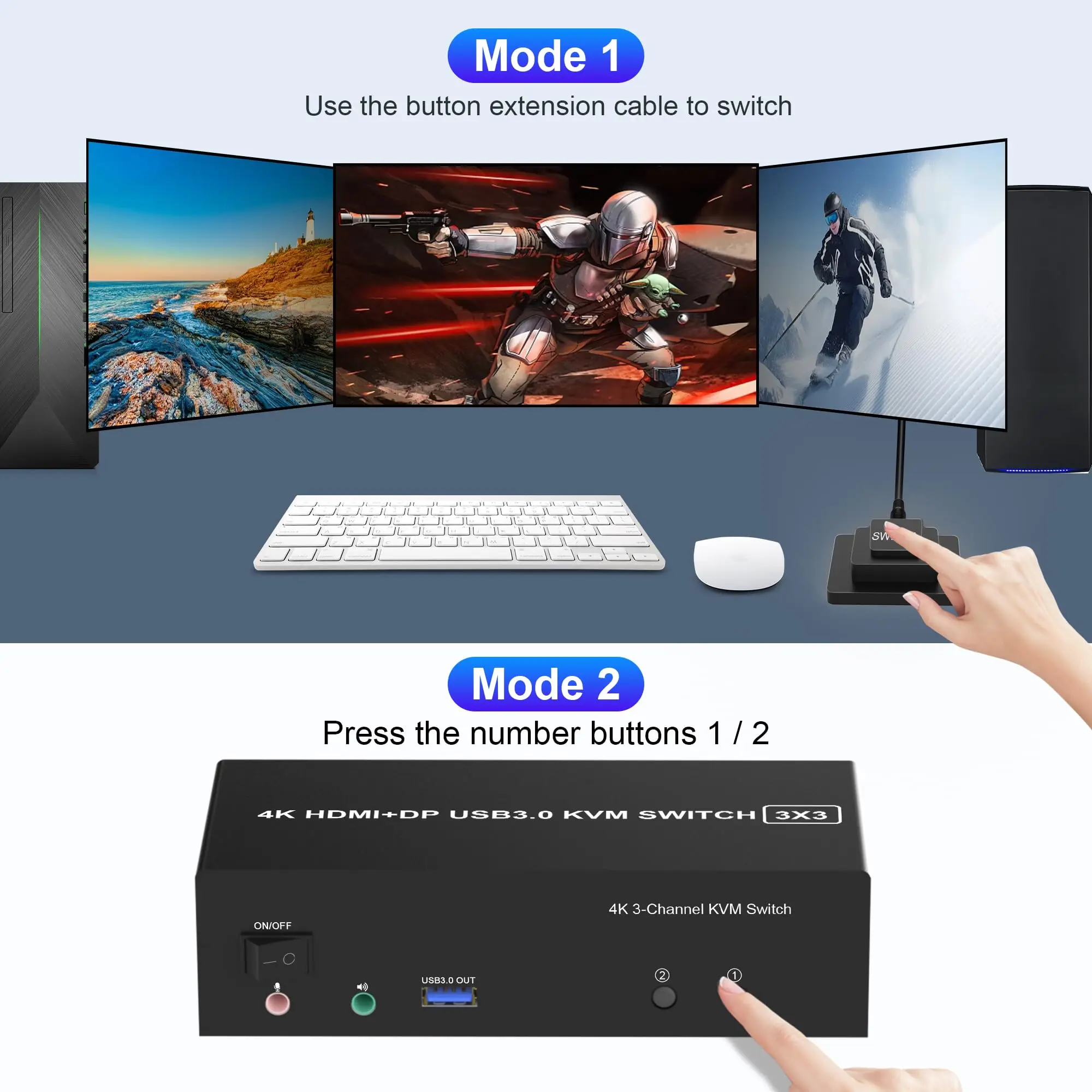 Interruptor de Triple Monitor para 2 ordenadores, dispositivo 4K @ 60Hz KVM con micrófono de Audio, HDMI Displayport + 2 USB 3,0 KVM, 3 monitores - imagen 5