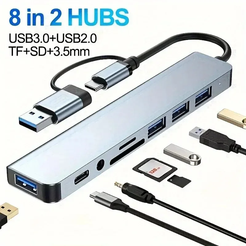 HUB USB 8 en 2 con lector de tarjetas divisor, puerto USB C, USB 3.0 / 2.0, lector de tarjetas divisor SD/TF, estación de acoplamiento