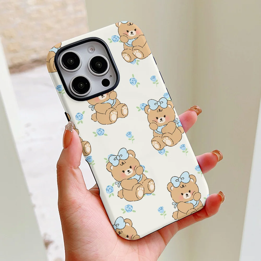 Funda de teléfono con diseño de oso de dibujos animados para iPhone 16, 15, 14, 13, 12, 11 Pro Max Plus, funda trasera magnética de lujo de doble capa