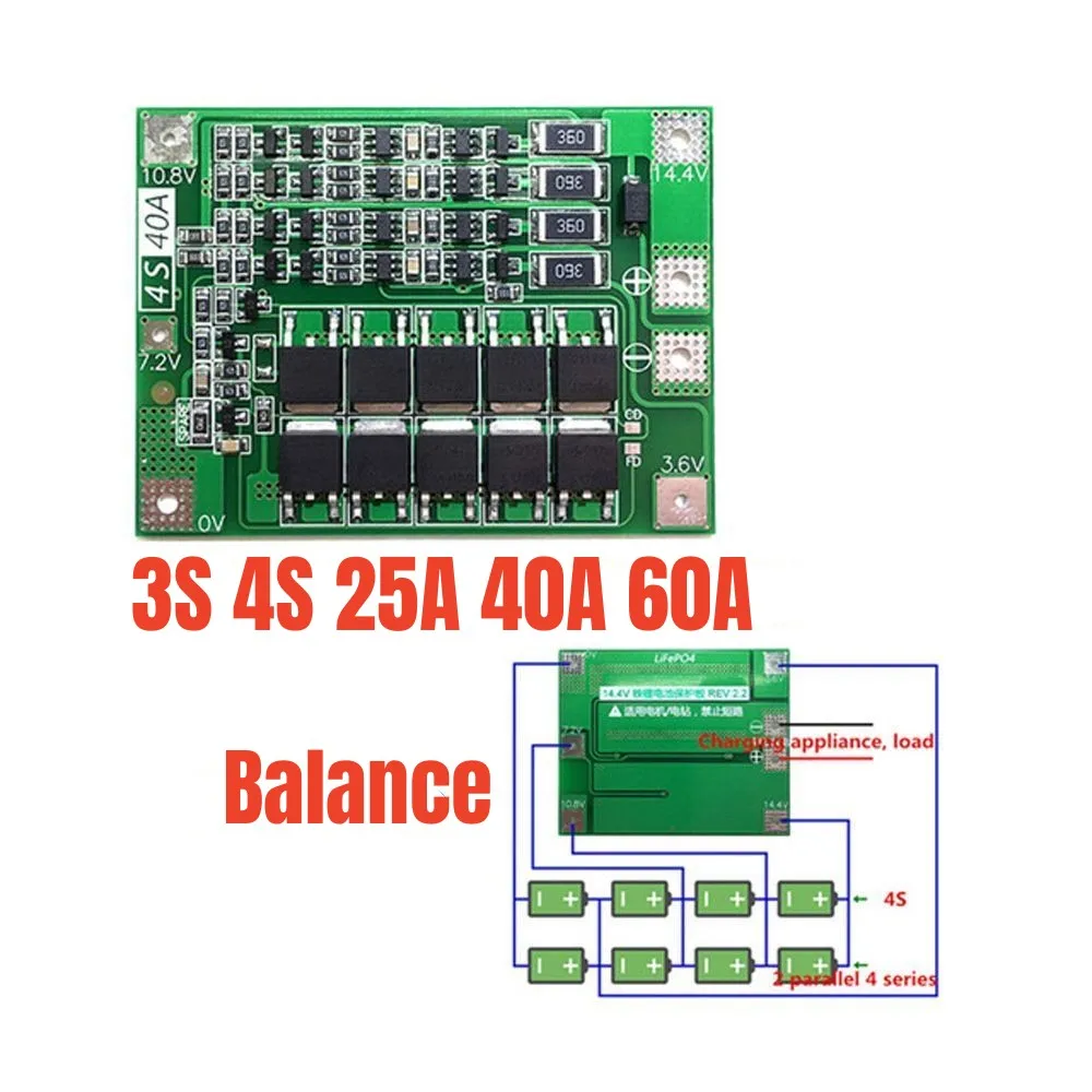 Placa de protección para cargador de batería de litio 3S 4S 40A 60A, 18650 BMS, para Motor de taladro, 11,1 V, 12,6 V, 14,8 V, 16,8 V
