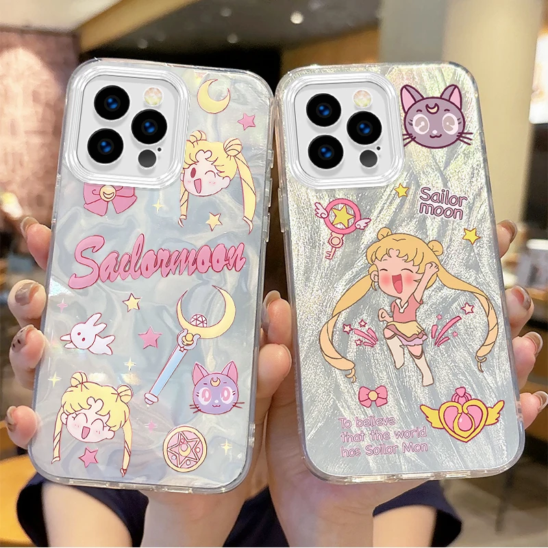 Lovely Sailor Moons funda de teléfono gradiente de Anime para iPhone 16, 15, 14, 13, 12, 11, 8, 7, 6 Pro Max Plus, XS, XR, fundas traseras duras a prueba de golpes
