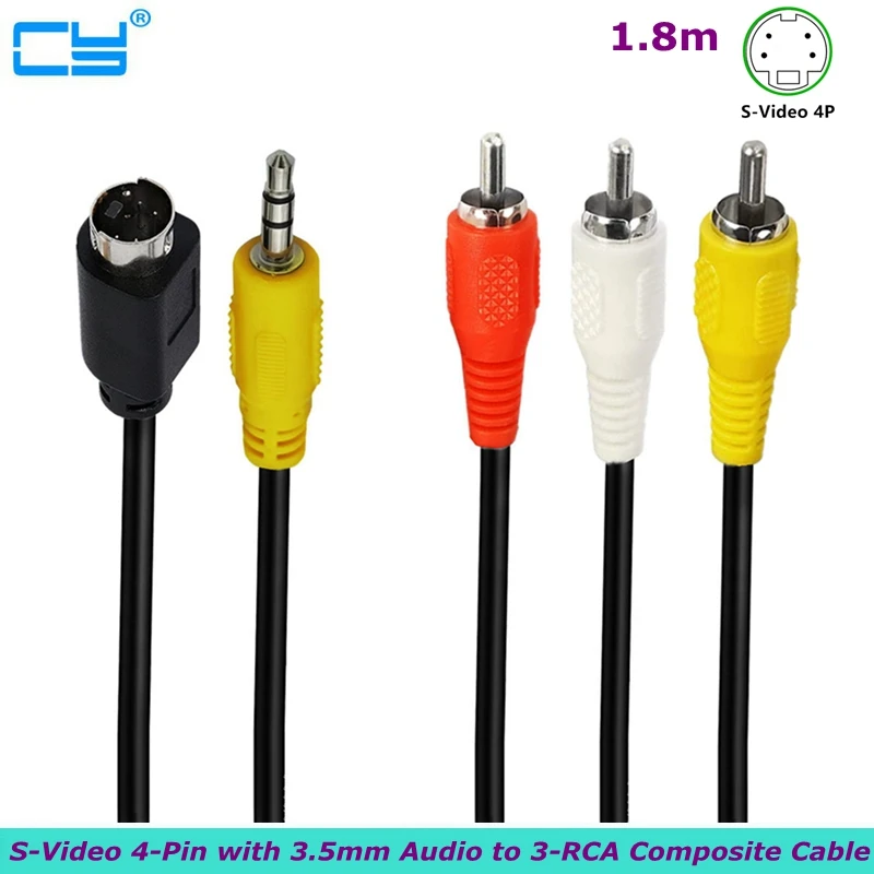 180 cm S-Video 4 pines con audio de 3,5 mm a cable compuesto 3 RCA PC a TV, vídeo y audio de 3,5 mm a vídeo compuesto y audio RCA L/R
