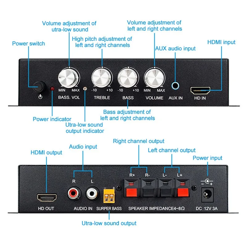 AMPLIFICADOR DE POTENCIA HiFi de 2,1 canales, amplificador de sonido de graves estéreo RMS 80Wx2 + 80W Clase D, Mini reproductor multimedia para coche, negro, compatible con entrada/salida HDMI - imagen 4