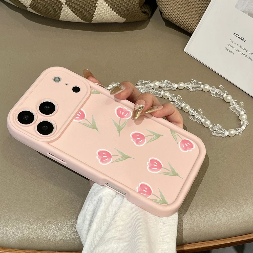 Funda de teléfono con diseño de flores de tulipán rosa para iPhone 17 16 15 14 13 12 11 Pro Max 16e 17Air X XR XS Max 7 8 Plus con funda con cordón - imagen 4