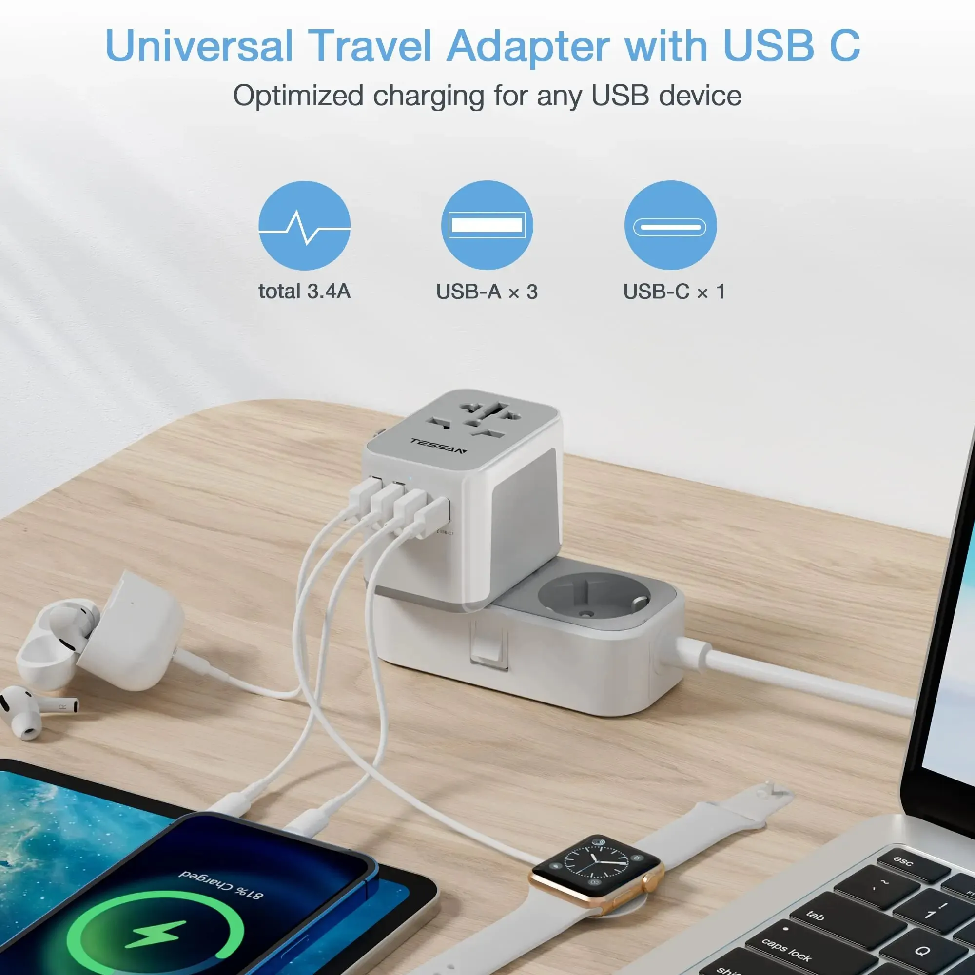 Adaptador de viaje universal TESSAN en todo el mundo con USB y tipo C, cargador de pared todo en uno con enchufe internacional para viajes de EE. UU., UE, Reino Unido y AUS - imagen 5