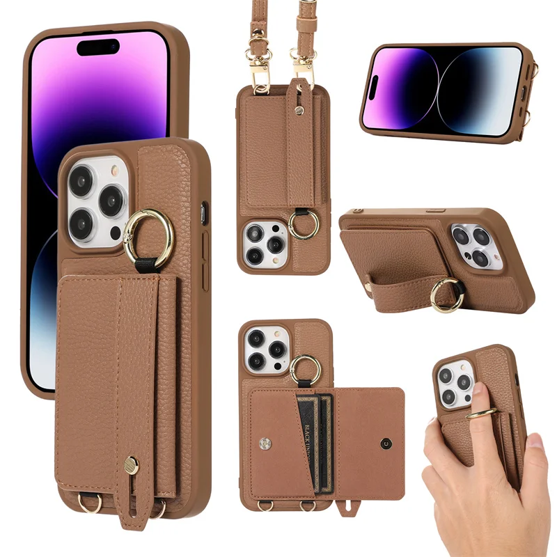 Funda de cuero con textura de lichi y cordón largo para iPhone 15, 14 Plus, 15, 13, 12, 11 Pro Max, funda trasera con soporte para correa para la muñeca - imagen 3