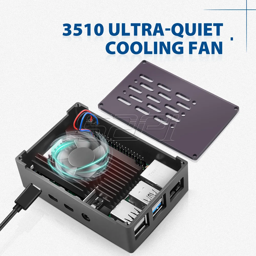 Carcasa de aluminio 52Pi Raspberry Pi 4 Modelo B, carcasa de ladrillo negra con velocidad ajustable, ventilador de refrigeración silencioso 3510 para RPI 4B - imagen 3