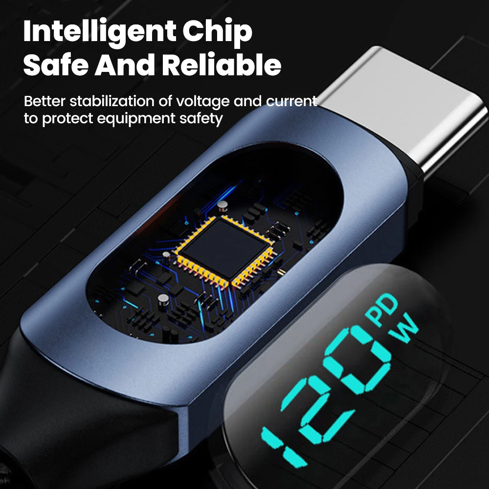 PD120W 6A USB tipo C Cable de datos trenzado de nailon de carga rápida con pantalla inteligente LED para iPhone 15 16 Samsung Xiaomi Cable de carga - imagen 5