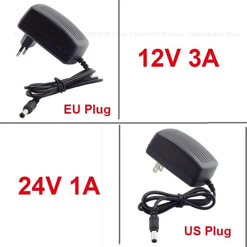 Adaptador de corriente de 12V, 3A, 24V, 1A, CA a CC, 100V-240V, cargador de 5,5mm x 2,5mm, 2,1mm, enchufe europeo y estadounidense para tira LED
