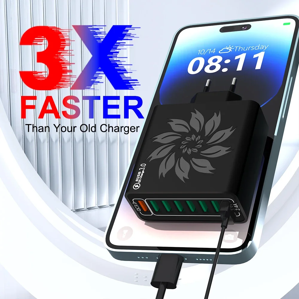 Cargador USB 8 en 1 de 65W, carga rápida, múltiples puertos, adaptador de pared con enchufe UE/EE. UU., adaptador de viaje USB 3,0 de carga rápida para múltiples dispositivos - imagen 3