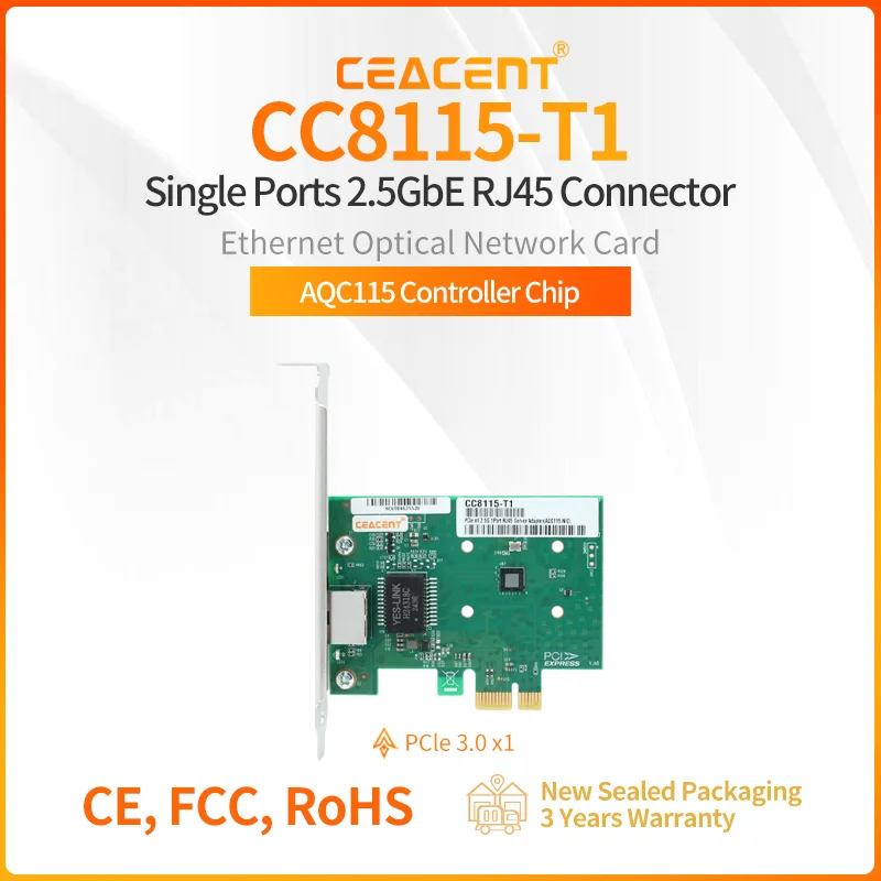 CEACENT CC8115-T1 Marvell AQC115 Chipset Adaptador de red de un solo puerto 2.5G RJ45 PCIe 2.0 x1