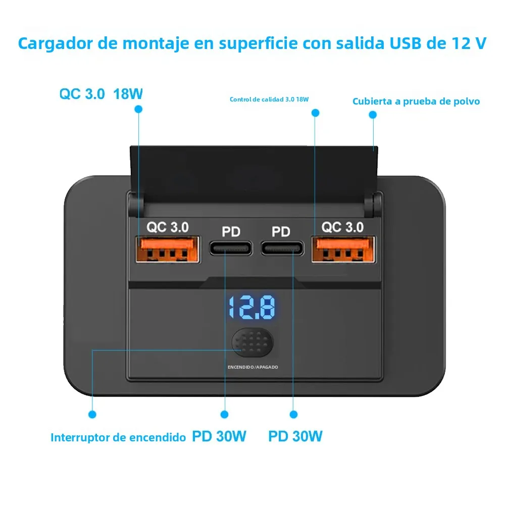 Enchufe USB RV de 2 a 4 puertos, 12V, 108W, USB Dual C 36W y puerto Dual QC 3,0 de 18W, accesorios para cargador de coche, autobús, RV y camión - imagen 5