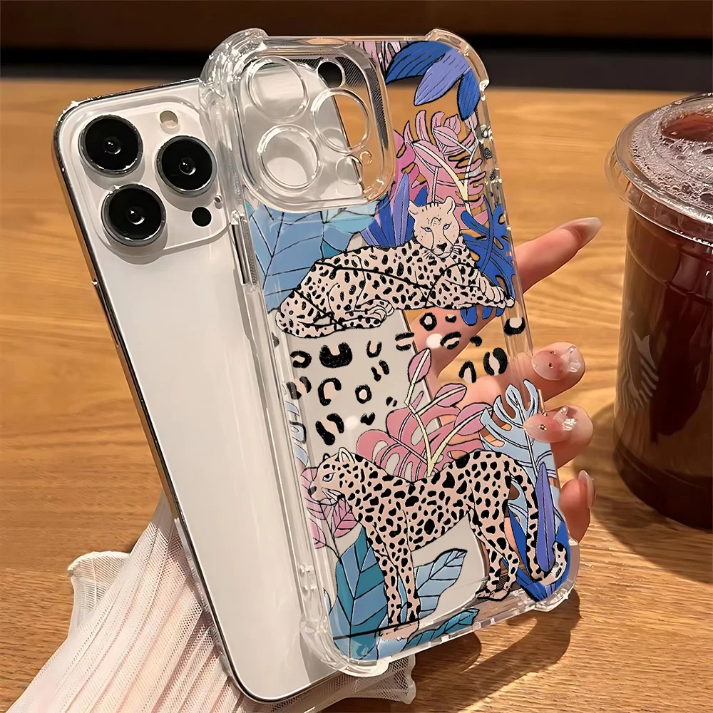 Funda de teléfono de leopardo rosa a la moda para iPhone 16 15 14 13 12 11 Mini Pro Max XR XSMax 7 8 Plus SE2020, funda transparente a prueba de golpes - imagen 3