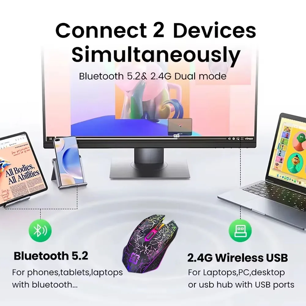 Ratón inalámbrico Bluetooth 5,2, ratón RGB para juegos, ratón silencioso, ratón recargable de 800-1200-1600 DPI, ratón para PC, portátil, Macbook - imagen 2